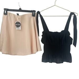 LOT- NWT Forever 21 Black Ruffled Crop Top & Champagne Pink Skirt Medium F21